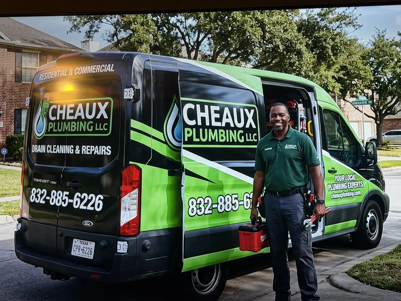 Cheaux Plumbing technician with the company van in Houston