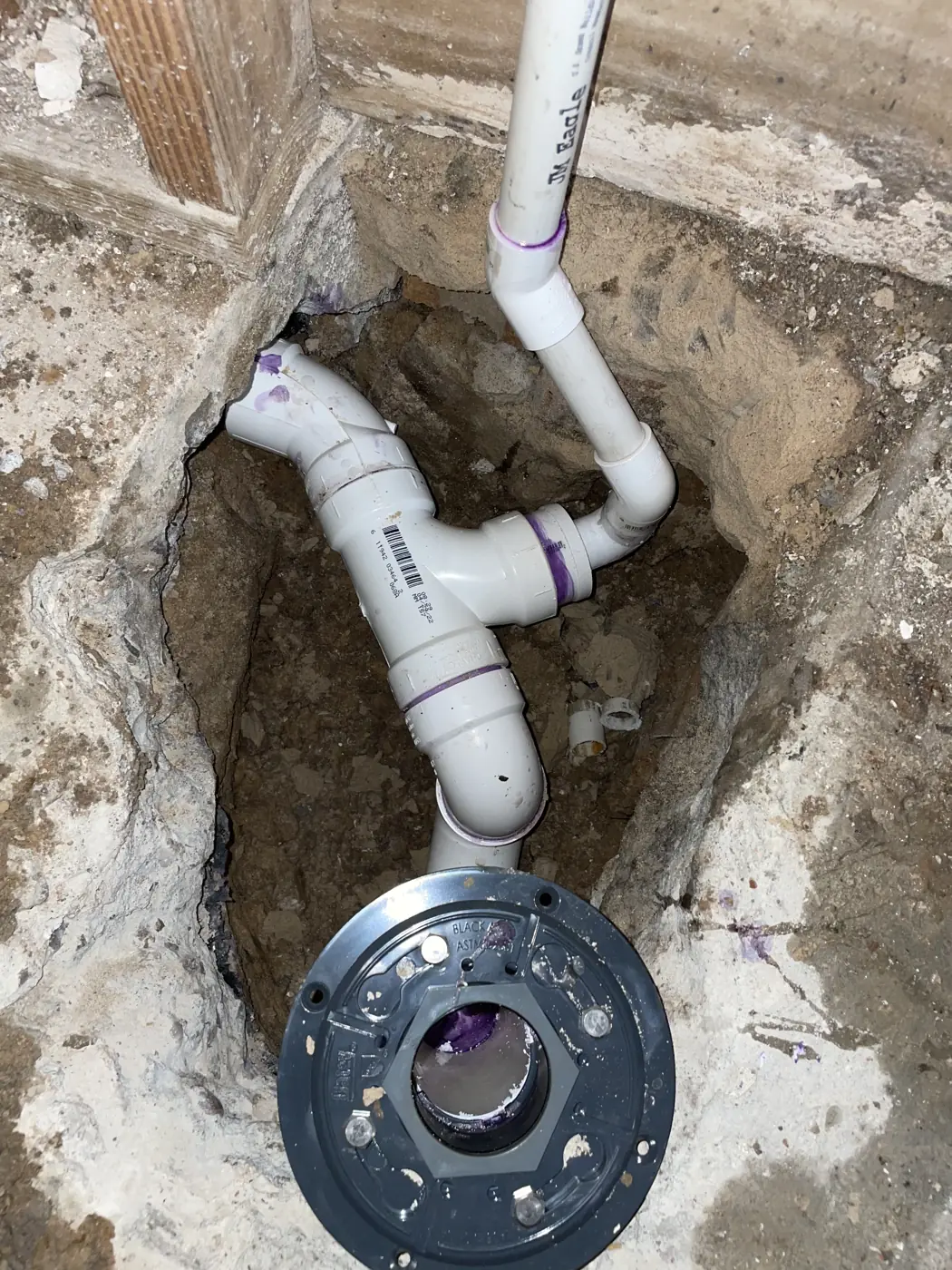 New toilet flange and drain set in slab
